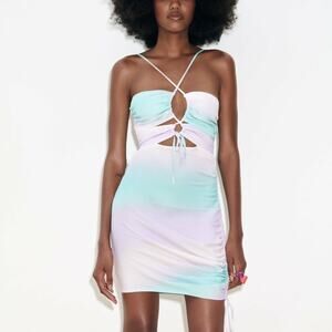 ZARA Tie Dye Satin Effect Mini Dress Drawstring & Cutouts Large